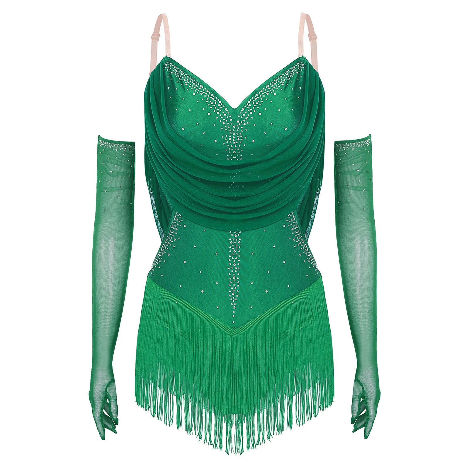 Women's Latin Dance Bodysuit | Fringe & Rhinestone | With Gloves