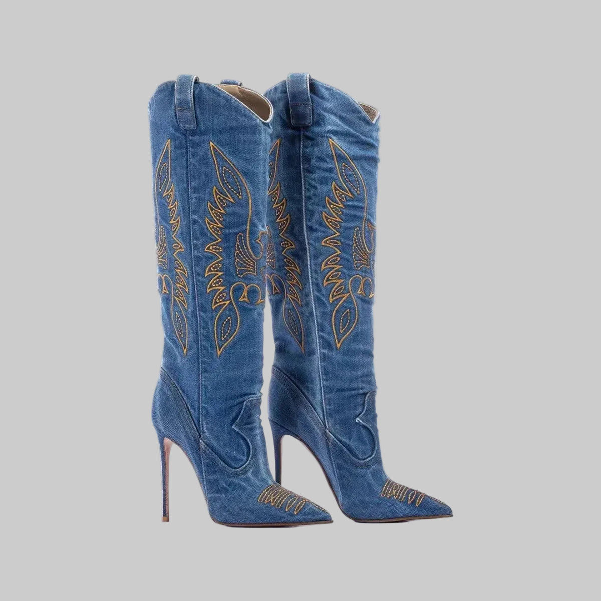 Denim Western Cowboy Boots - Embroidered Stiletto Heel Ankle Boots