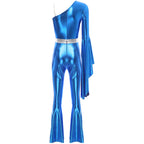 Women's One-Shoulder Metallic Jumpsuit | Flare Sleeve | Bell Bottom