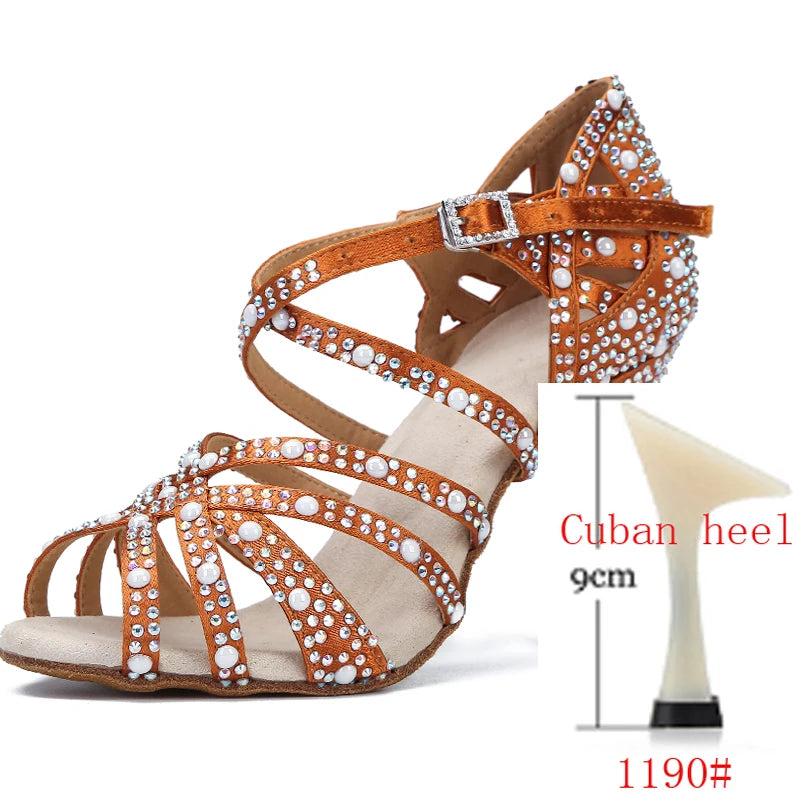 Rhinestone Silk Latin Dance Heels | Salsa & Competition | 6–10cm