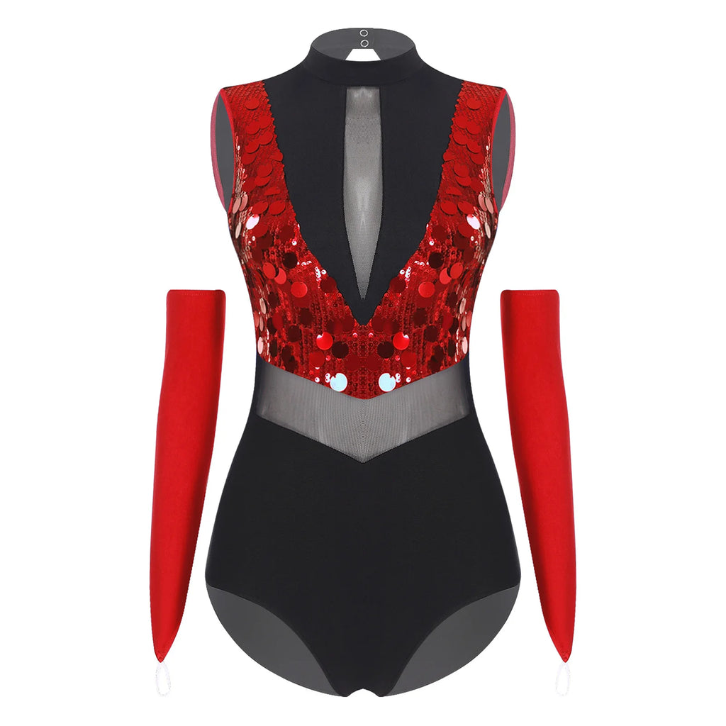 Women's Sequin Dance Leotard | Mock Neck & Sheer Mesh Waist | Includes Arm Sleeves