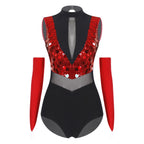 Women's Sequin Dance Leotard | Mock Neck & Sheer Mesh Waist | Includes Arm Sleeves