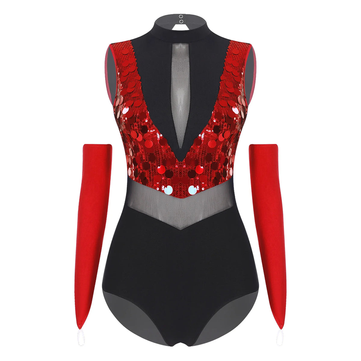 Women's Sequin Dance Leotard | Mock Neck & Sheer Mesh Waist | Includes Arm Sleeves