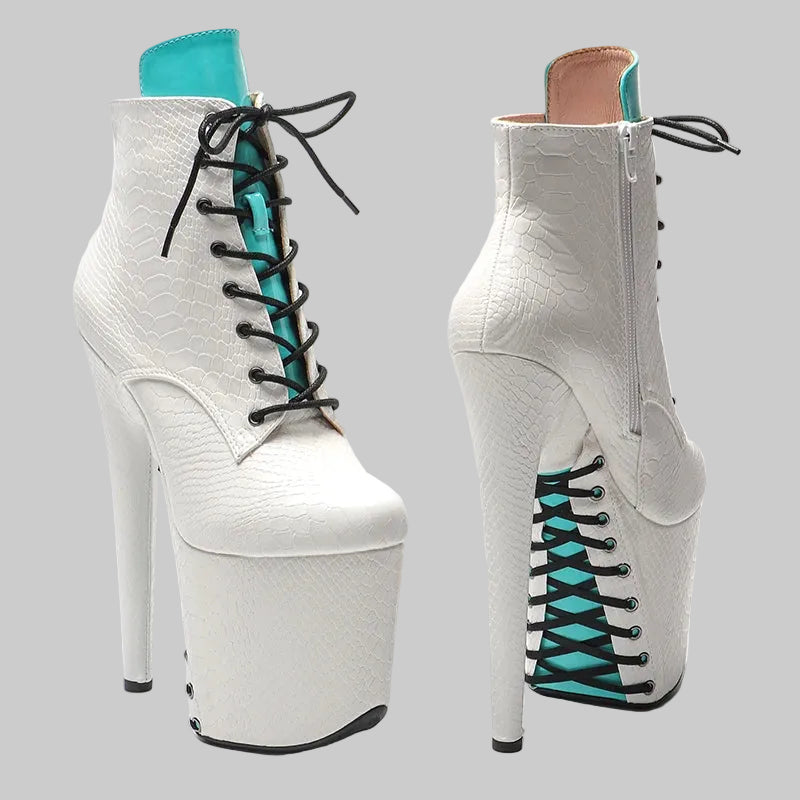 20CM Snake Print Platform Boots - Closed Toe High Heel Pole Dance Shoes