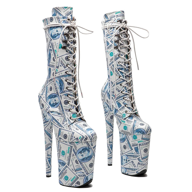 23CM Platform Ankle Boots - Dollar Print High Heel Pole Dance Boots