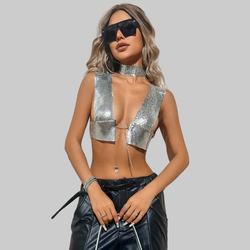 Sequin Choker Crop Top - Backless V-Neck Performance Cami