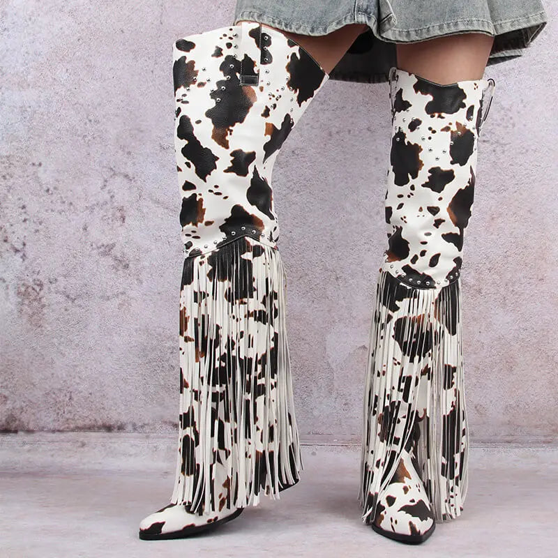 Thigh-High Fringe Boots | Chunky Heel | Pointed Toe