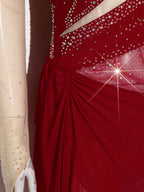 Rhinestone Sheer Mesh Long Sleeve Figure Skating Dress | Open Back | Color Block | Lyrical