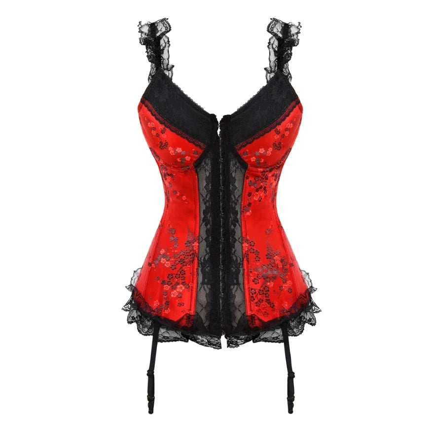 Red Floral Overbust Corset | Lace Trim