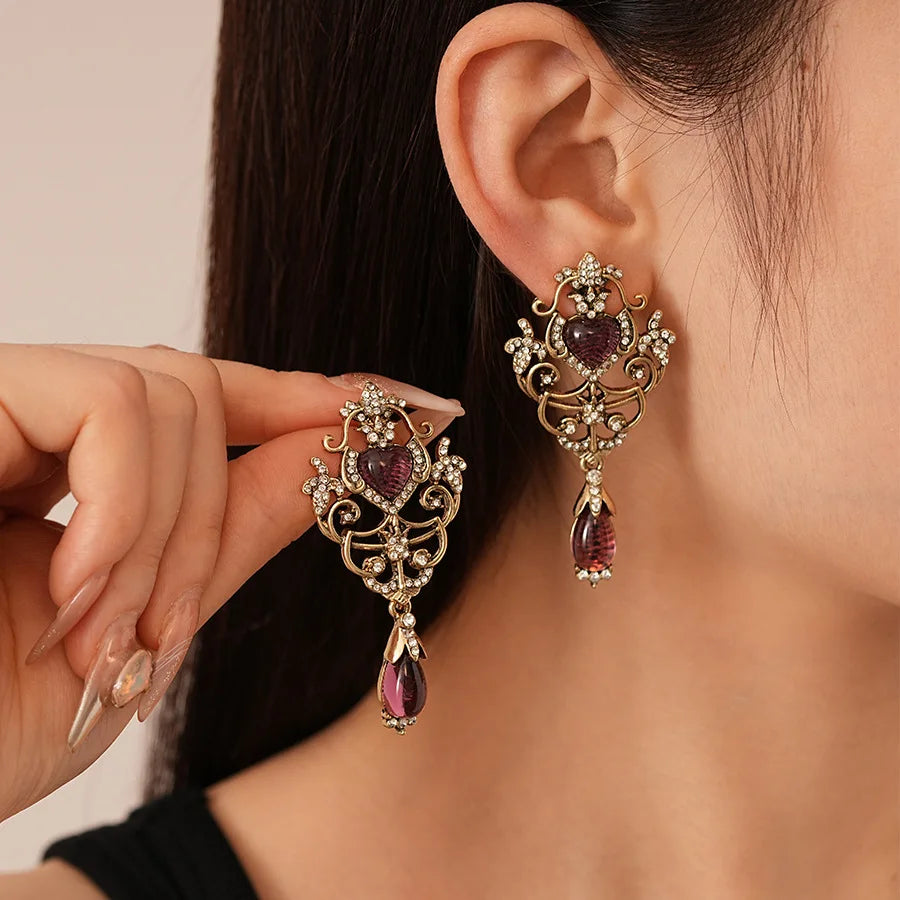 Antique Gold Filigree Drop Earrings | Ruby Crystal