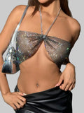 Rhinestone Fishnet Bandage Crop Top - Sheer Cut-Out