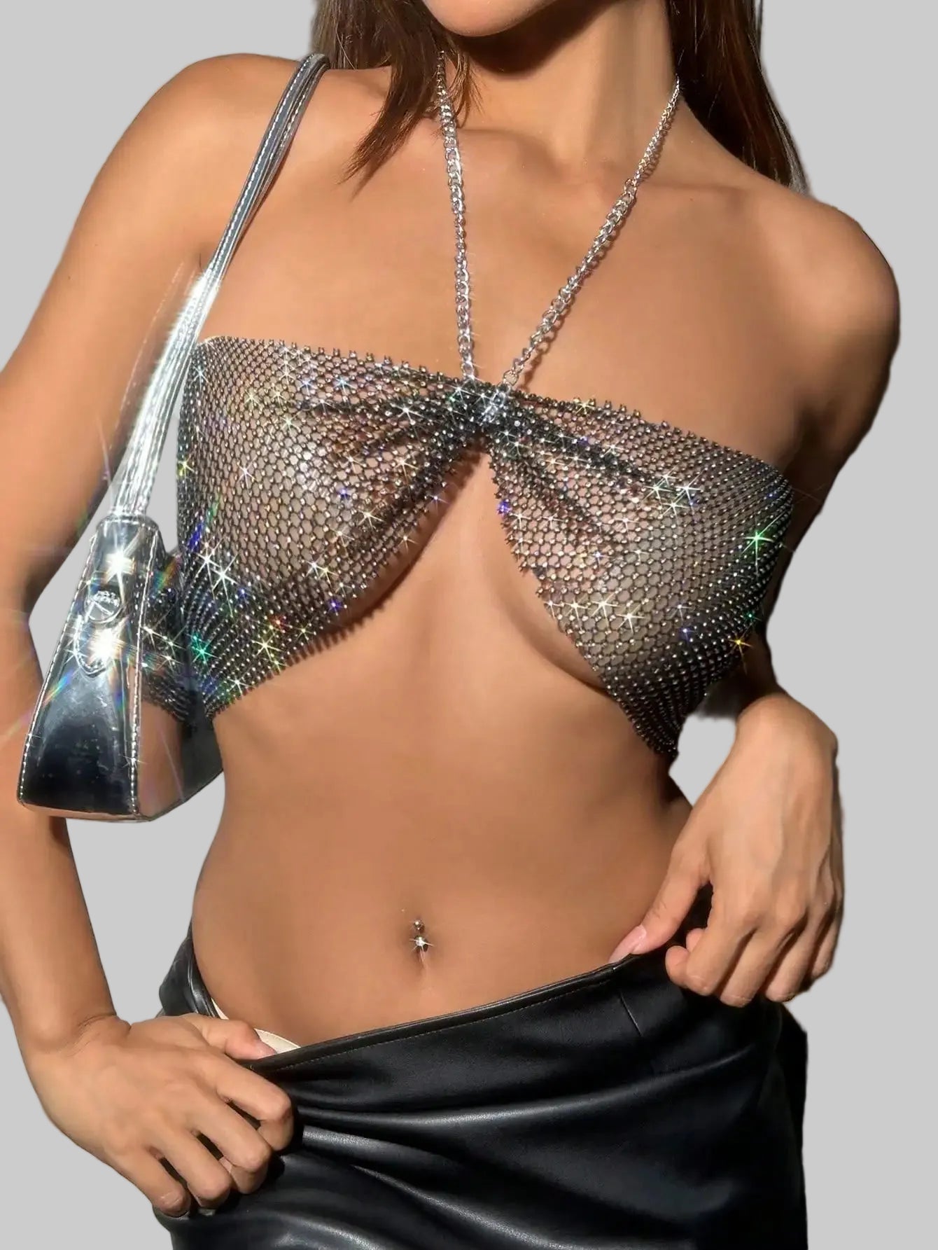 Rhinestone Fishnet Bandage Crop Top - Sheer Cut-Out