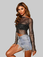 Rhinestone Fishnet Mesh Long Sleeve Top - Sheer Starlight Party Tee