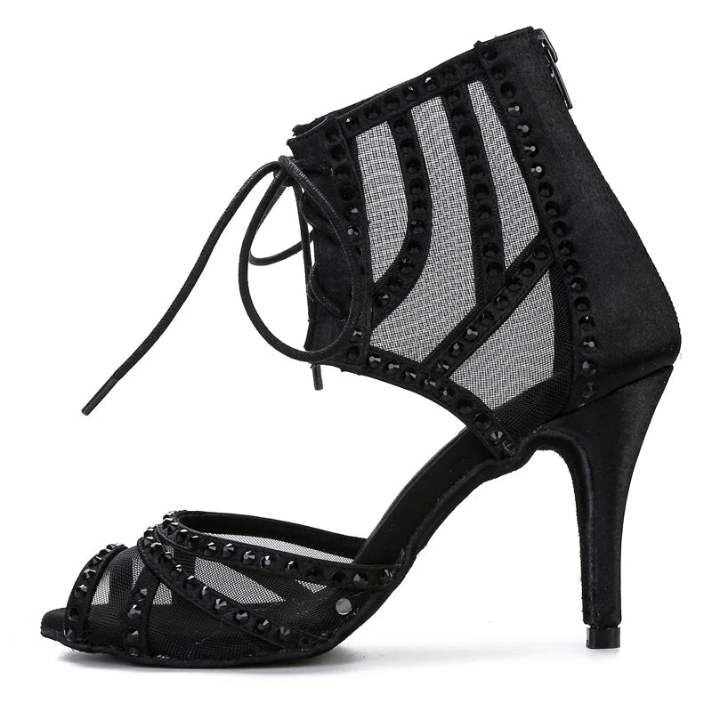 Women's Rhinestone Latin Dance Heels | Mesh & Satin | Stiletto