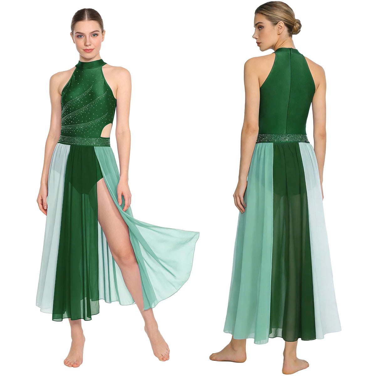 Rhinestone Lyrical Dress | Color-Block | Side Split | Mesh