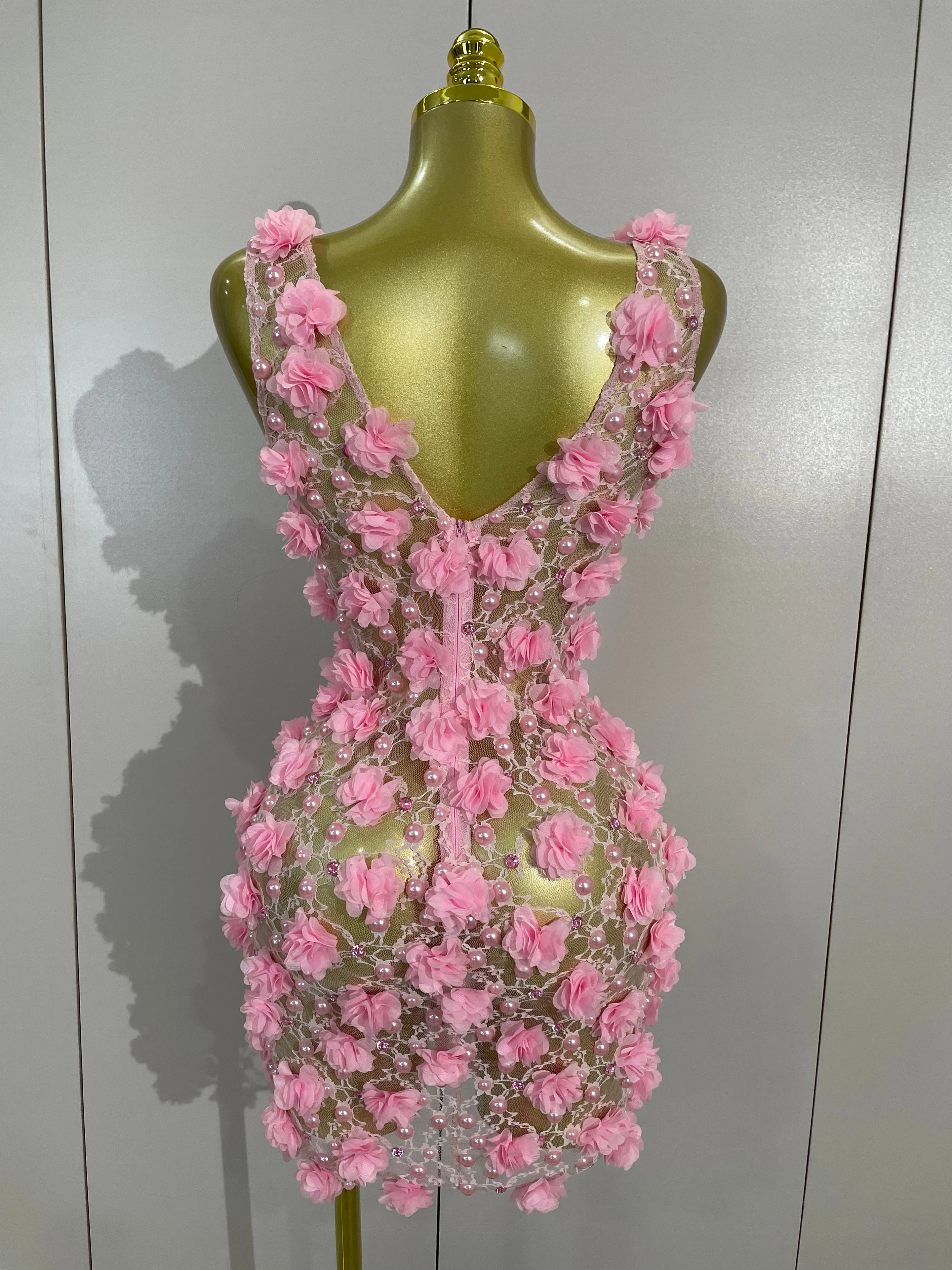 Pearl Flower Mesh Mini Dress | 3D Appliqué | V-Neck | Stage & Club