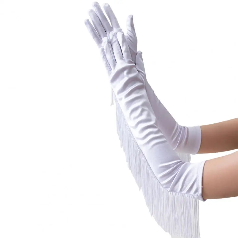 Fringe Tassel Opera Gloves — Elbow Length, 45cm | Rose Red, Red, White, Black