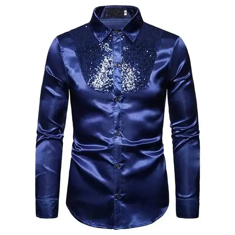 Men's Satin Sequin Shirt | Sequin Collar Panel | Stage