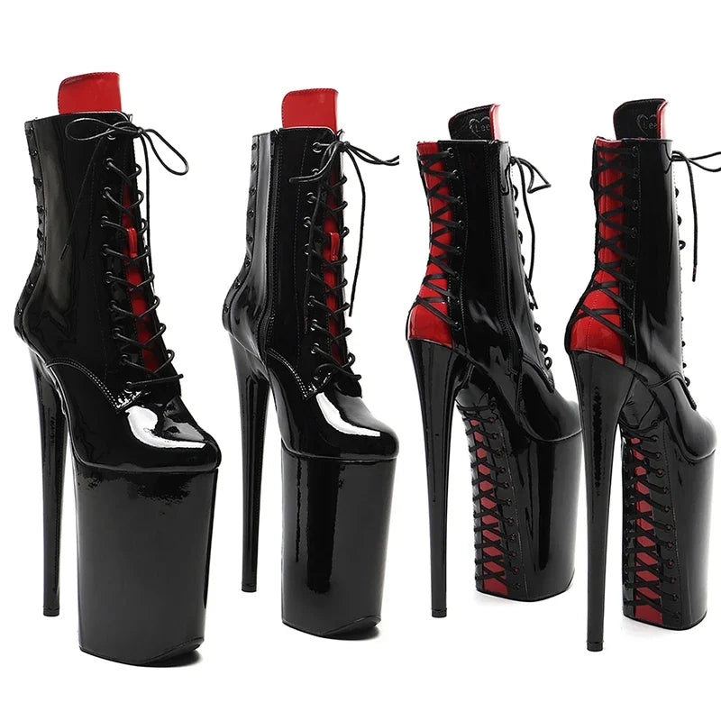 26cm Black Red Patent Ankle Boots - Trendy Platform Party Dance Boots