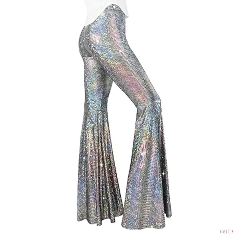 Sequin Bell-Bottom Performance Pants - High Waist Disco Flare Trousers
