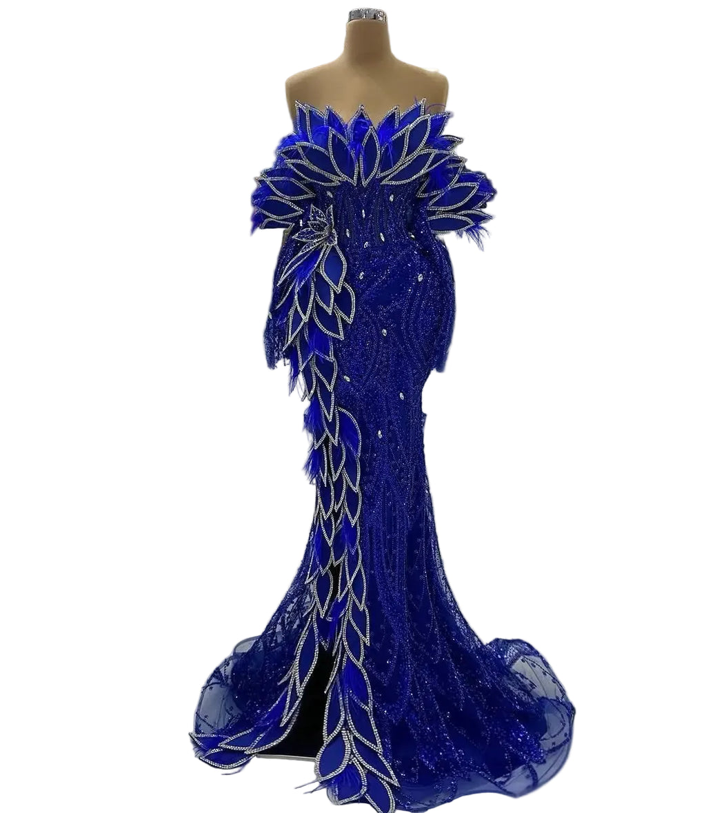 Royal Blue Crystal Feather Gown | Mermaid | Pageant