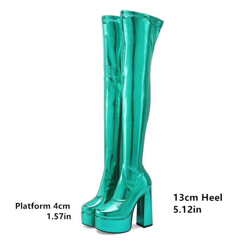 Thigh-High Platform Boots | Metallic Stretch