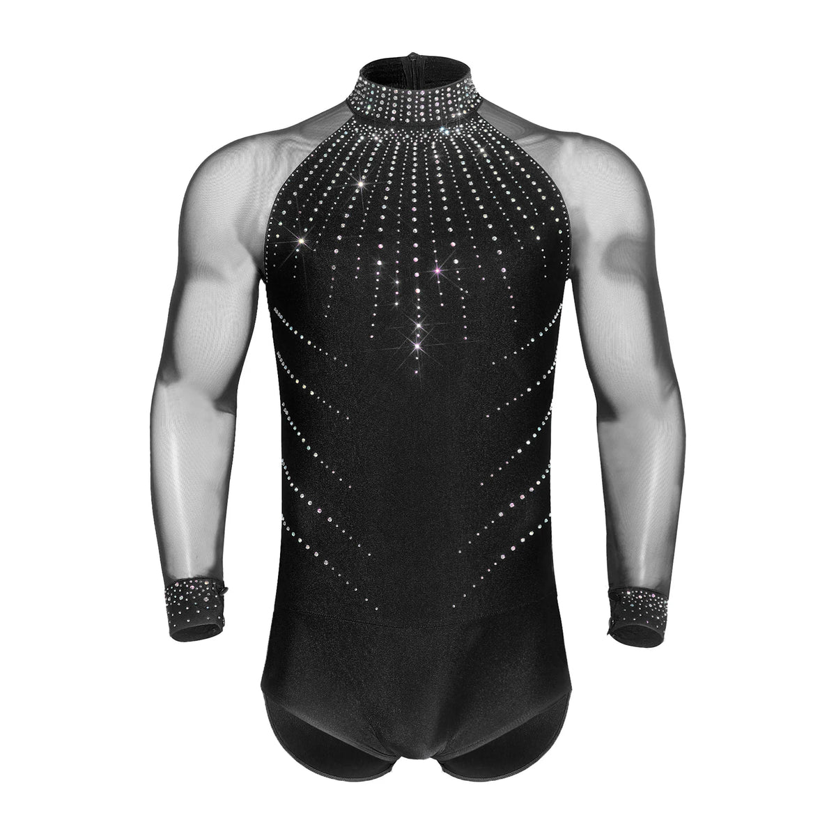 Men's Latin Dance Leotard | Deep V-Neck & Sheer Mesh | Rhinestone & Tassels