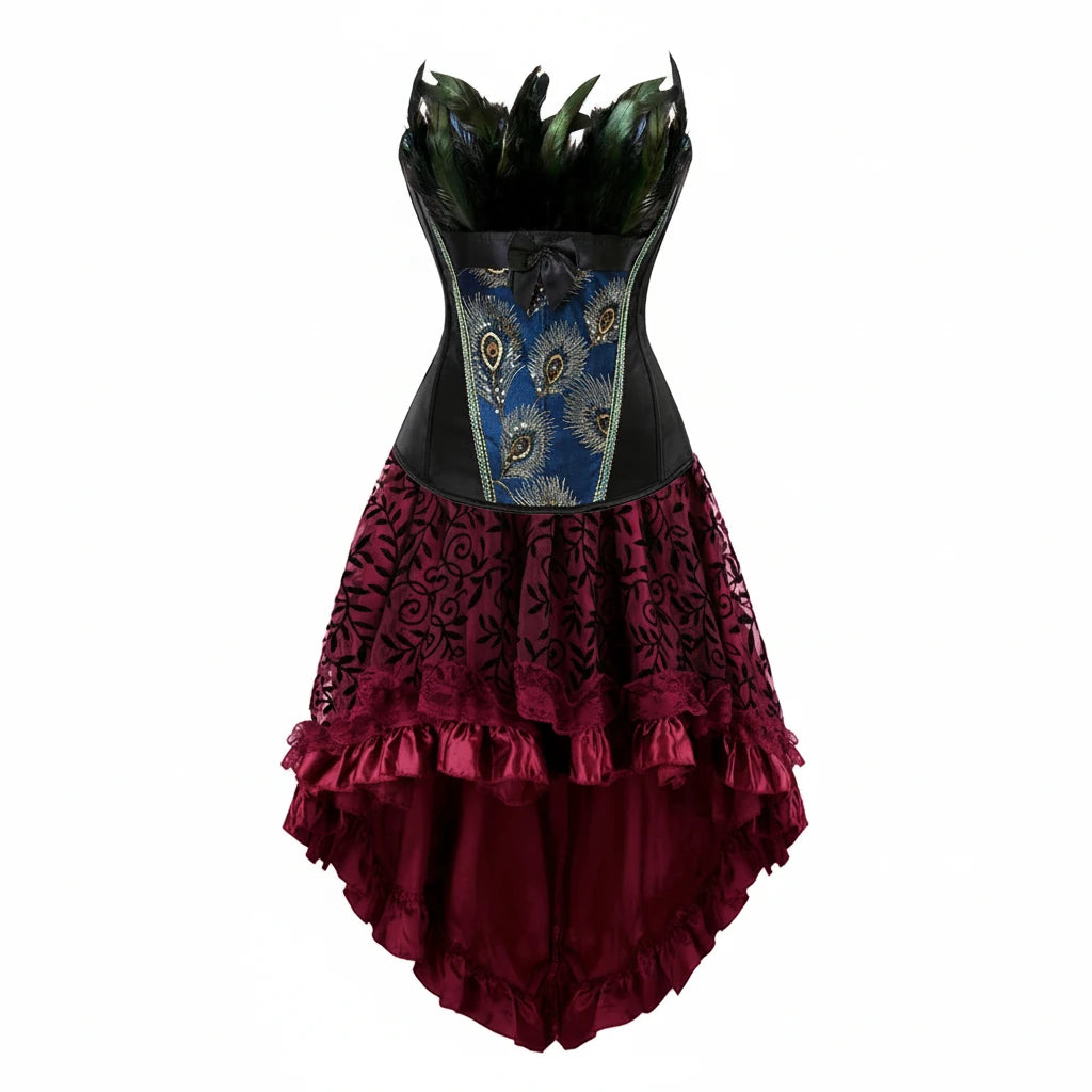 Peacock Brocade Overbust Corset Dress | Feather Trim & Hi-Low Lace Skirt | Gothic & Steampunk | XXS–7XL