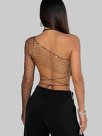 Rhinestone Bra Top & Mesh One Shoulder Tee Set - 2-Piece Festival Outfit