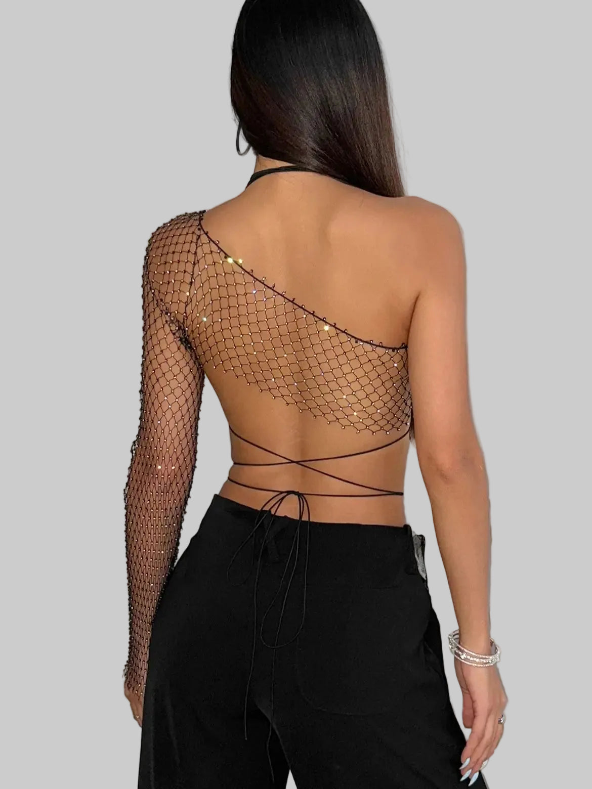 Rhinestone Bra Top & Mesh One Shoulder Tee Set - 2-Piece Festival Outfit