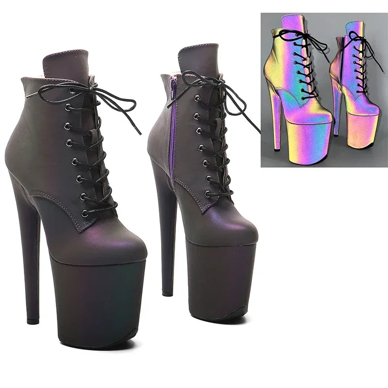 8-Inch Reflective Platform Ankle Boots - Peep Toe Ankle Strap Dance Boots