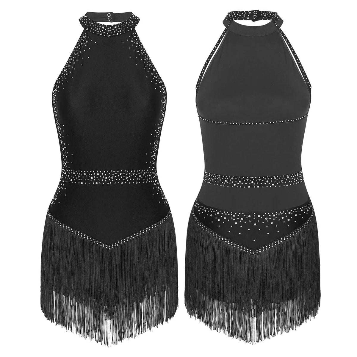 Midnight Fringe Rhinestone Latin Leotard