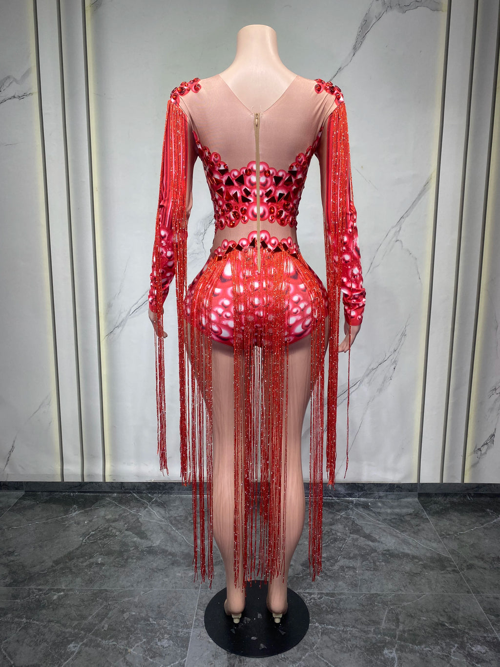 Rhinestone Fringe Bodysuit | 3D Floral | Purple & Red | S–XL