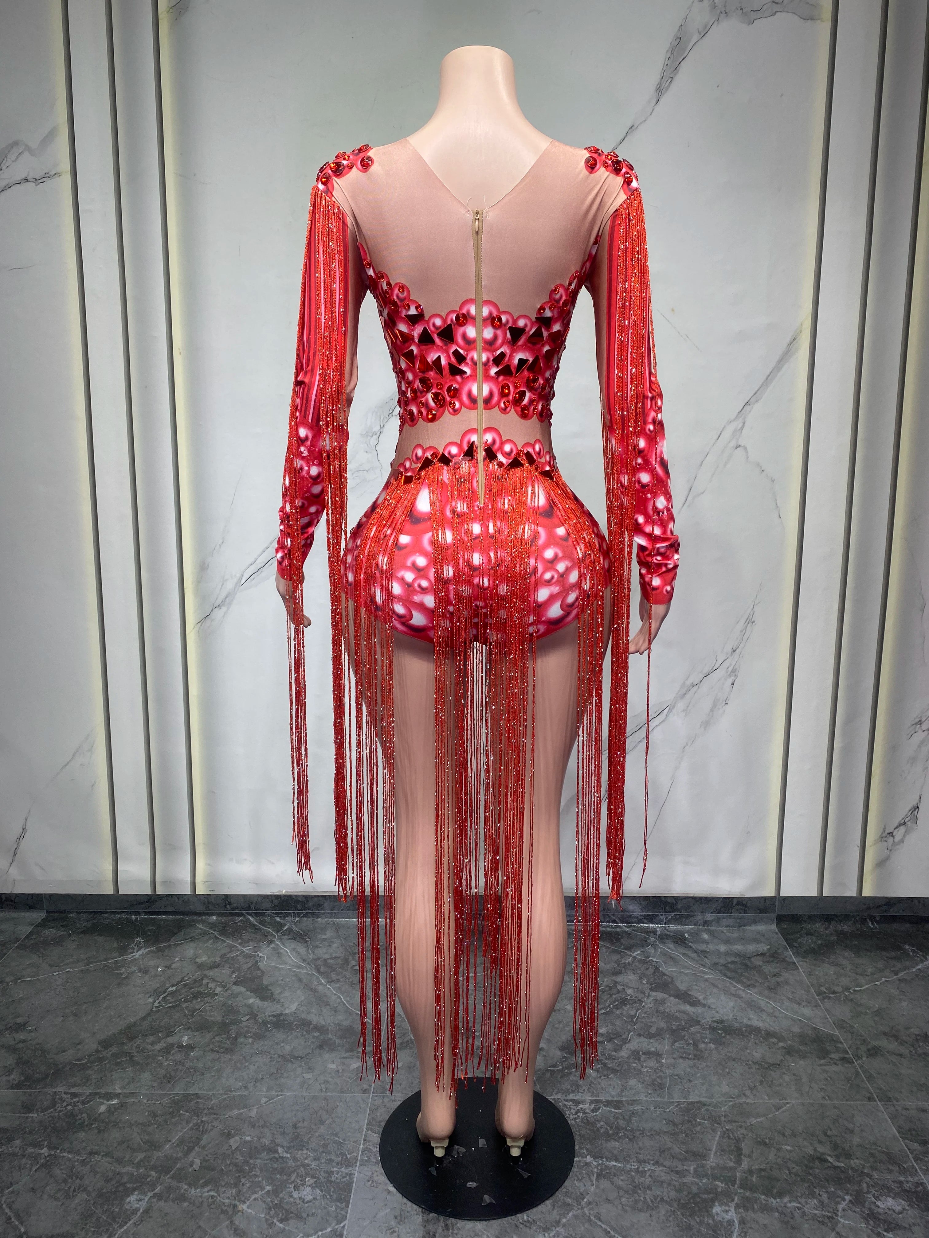 Rhinestone Fringe Bodysuit | 3D Floral | Purple & Red | S–XL