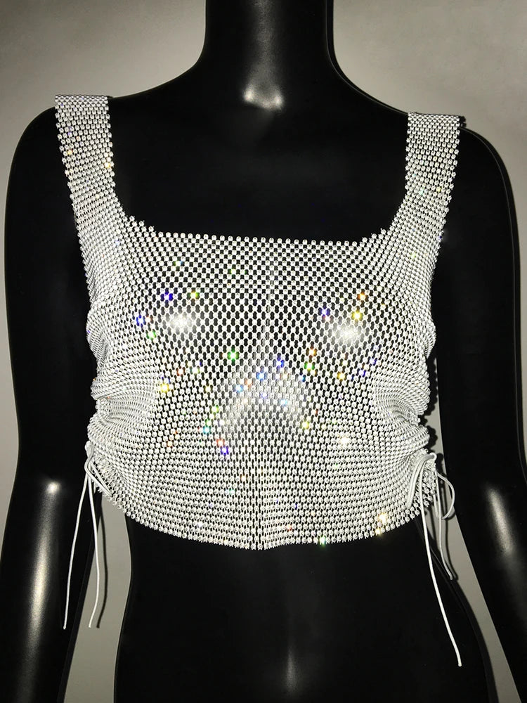 Rhinestone Mesh Fishnet Crop Top - Side Bandage Tank