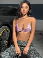 Rhinestone Metal V-Neck Halter Crop Top