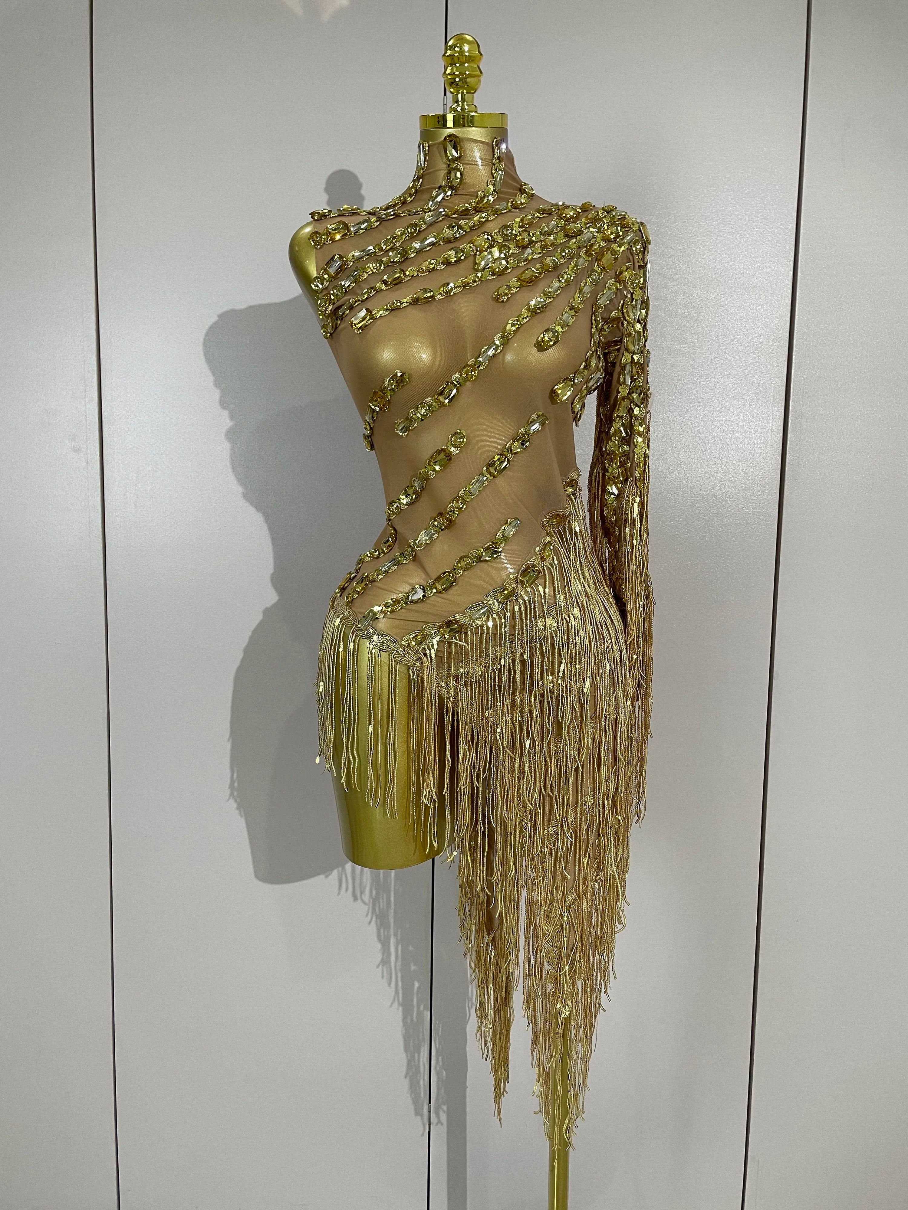 Rhinestone Tassel One-Shoulder Mini Dress | Sheer Mesh | Red, Black & Gold