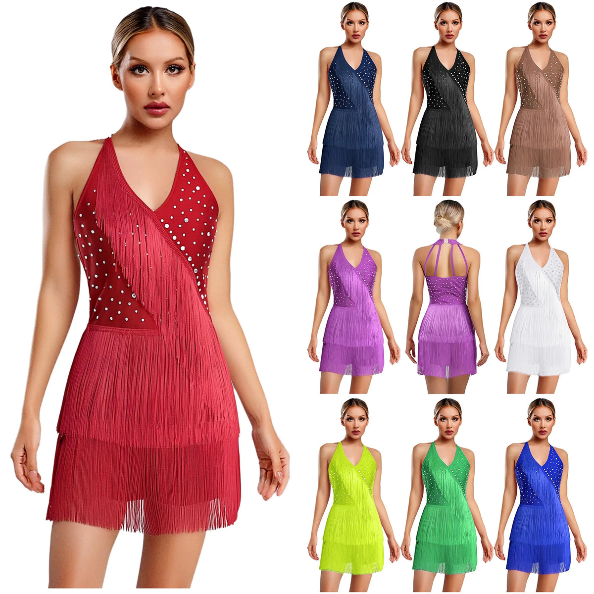 Rhinestone Fringe Dress | Halter Neck | Latin Dance