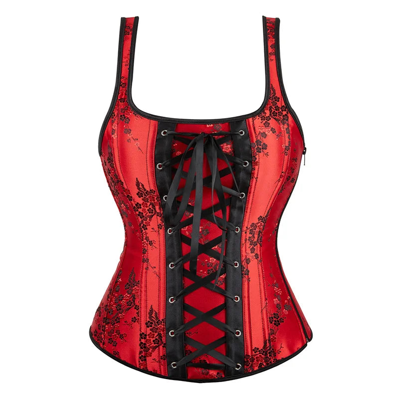 Embroidered Floral Corset | Overbust Bustier | Red & Black