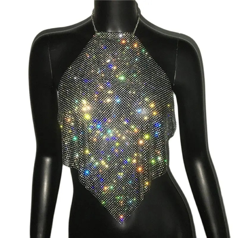 Diamond Grid Rhinestone Bralette - Backless Metal Chain Crop Top
