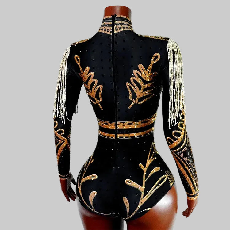 Luxe Black & Gold Diamond Embellished Fringe Bodysuit – Stage Performance Edition