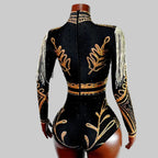 Luxe Black & Gold Diamond Embellished Fringe Bodysuit – Stage Performance Edition
