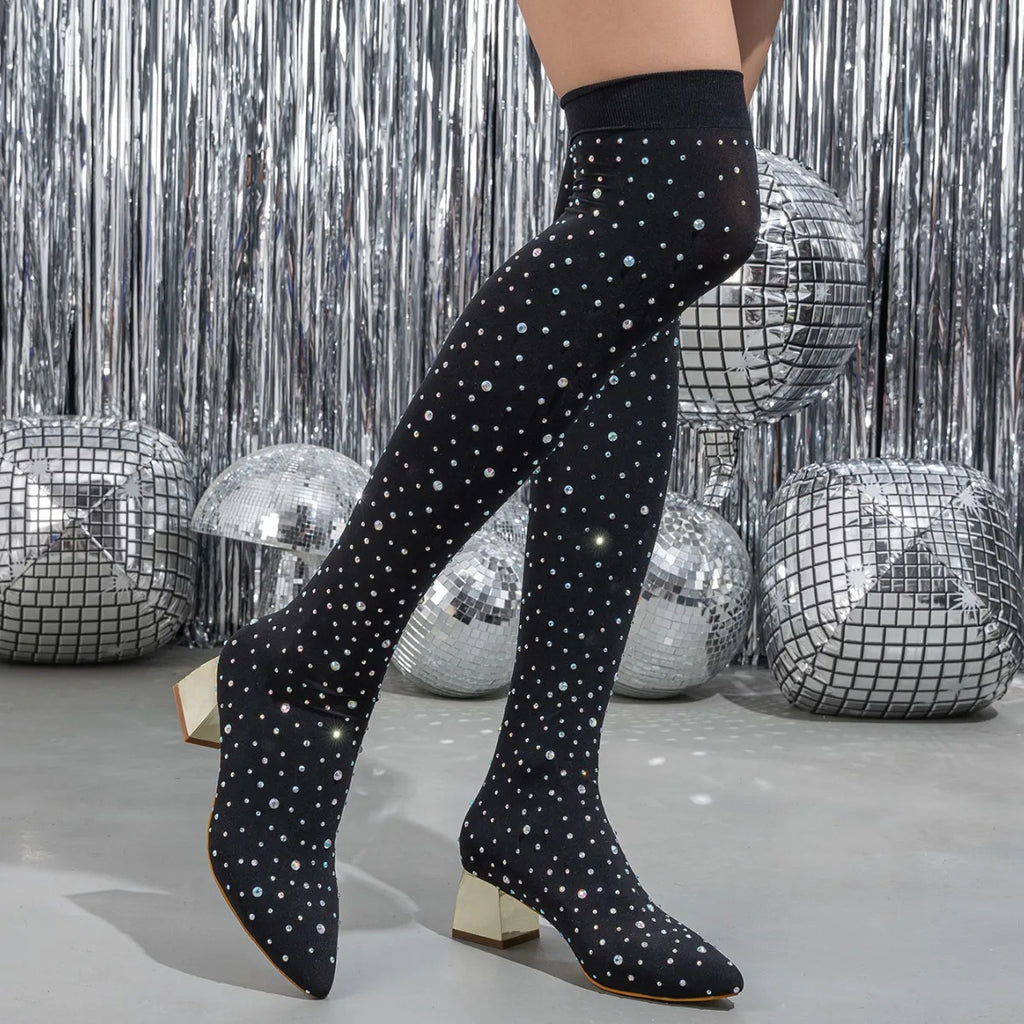 Rhinestone Stretch Sock OTK Boots | Block Heel | Pointed Toe