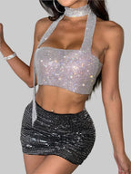 Rhinestone Halter Neck Crop Top - Backless Bandage Party Camisole