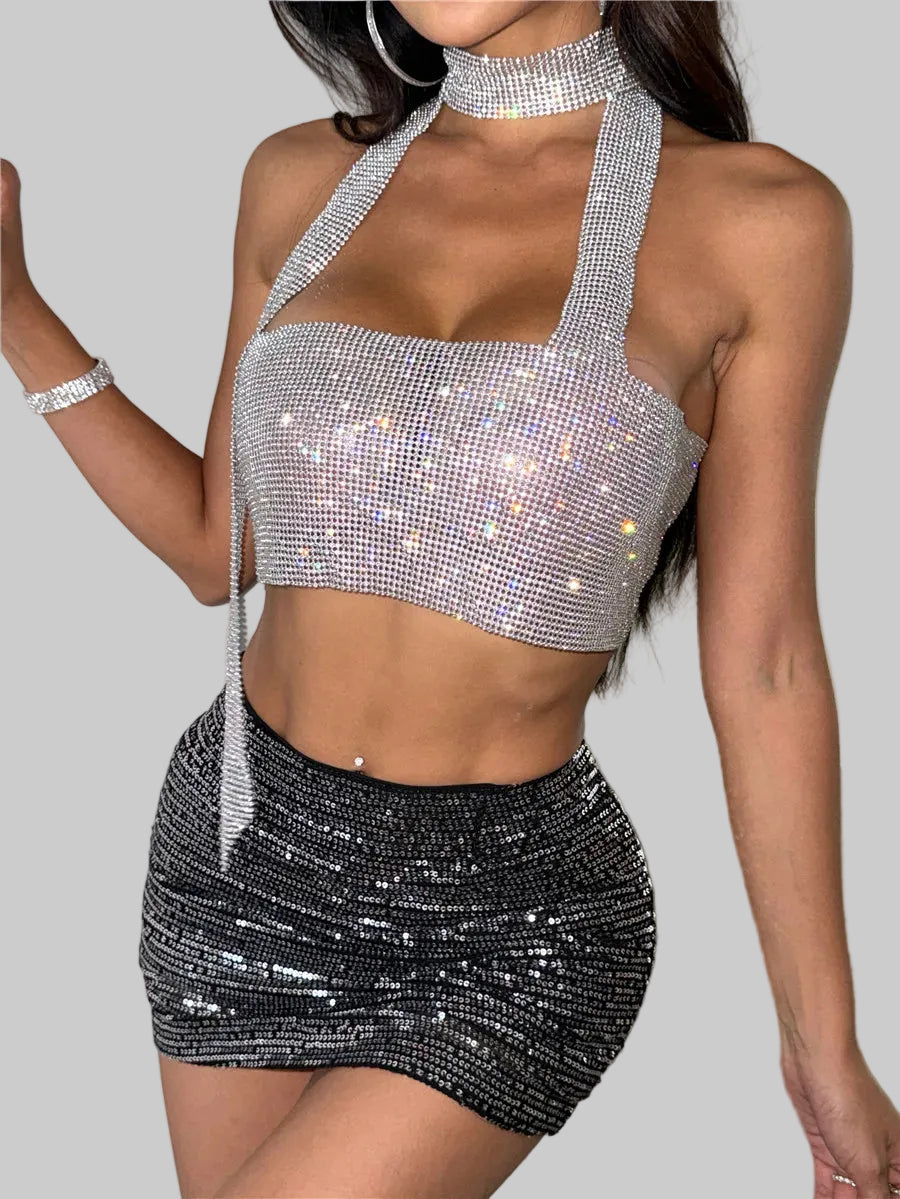 Rhinestone Halter Neck Crop Top - Backless Bandage Party Camisole