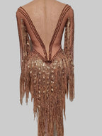 Gold Rhinestone Tassel Dress - Sheer Mesh Performance Costume for Dancers & Celebrations