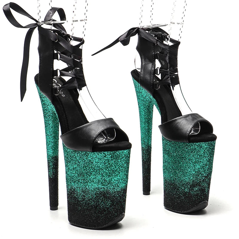 9-Inch Matte Glitter Platform Sandals - Open Toe Dance Heels