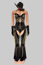 Rhinestone Bodysuit 4-Piece Set - Sparkly Showgirl Outfit with Flare Pants & Crystals