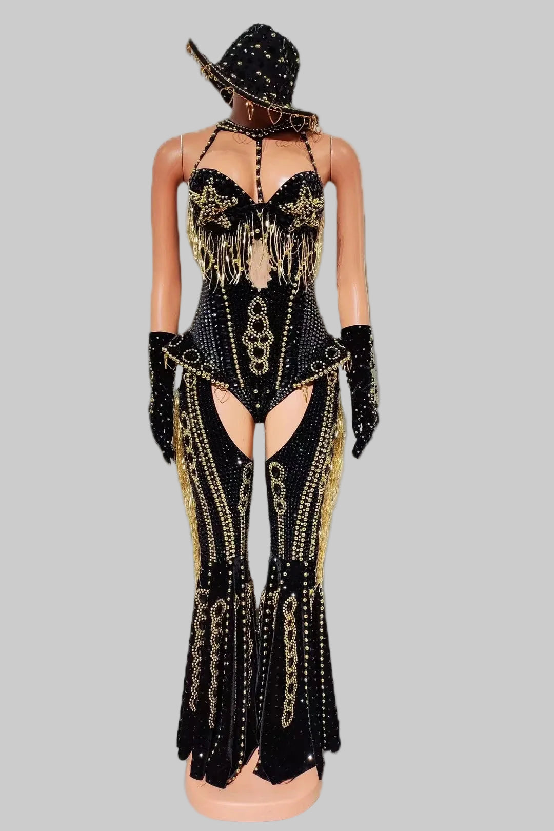 Rhinestone Bodysuit 4-Piece Set - Sparkly Showgirl Outfit with Flare Pants & Crystals