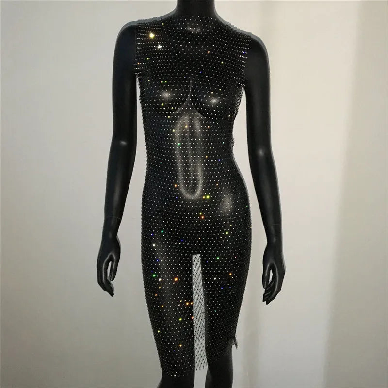 Rhinestone Fishnet Mini Dress - Sheer Cover Up